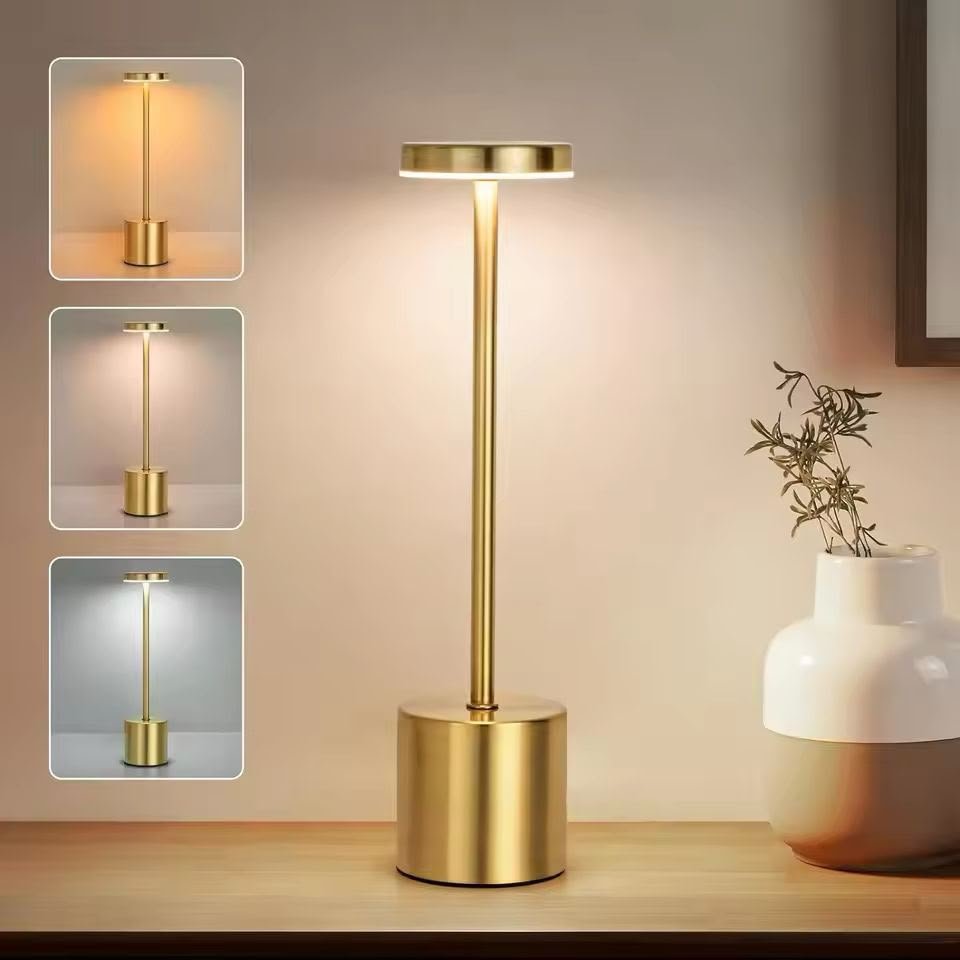 Premium Cordless LED Table Lamp | Gold Metal | 3 Color Modes - Warm, Neutral, White | Touch Dimmable | Rechargeable | Bedroom + Restaurant Lamp